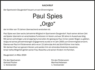 Nachruf Paul Spies (Orgo)