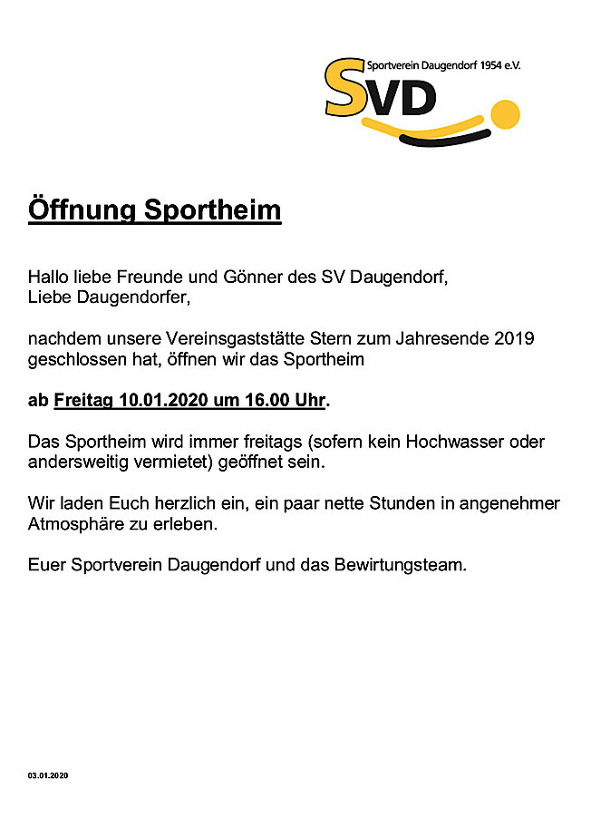Info Öffnung Sportheim SVD ab 10.01.2020