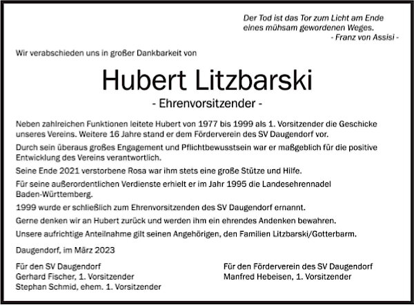Nachruf Hubert SZ v. 18.03.2023